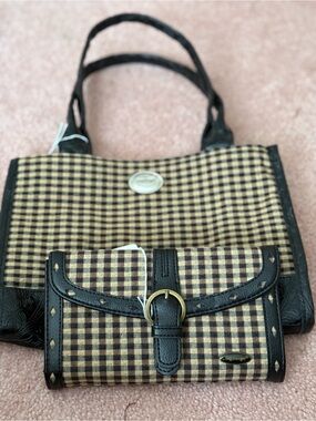 Longaberger Black and Tan Plaid Tote with Coordinating Wallet